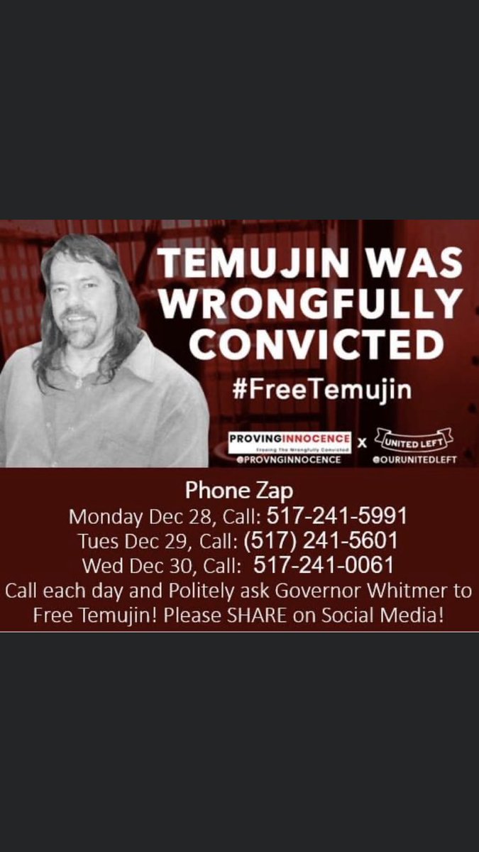 I hope everybody had a great Christmas with your loved ones. I’m still in the fight for freedom.  Please commit to this phone zap and ask Gov Whitmer to #freeTemujjn Please retweet- @Undisclosedpod @unjustunsolved @RPRISONISSUES @PrisonReformMS @MI_Abolition @prisonlegalnews