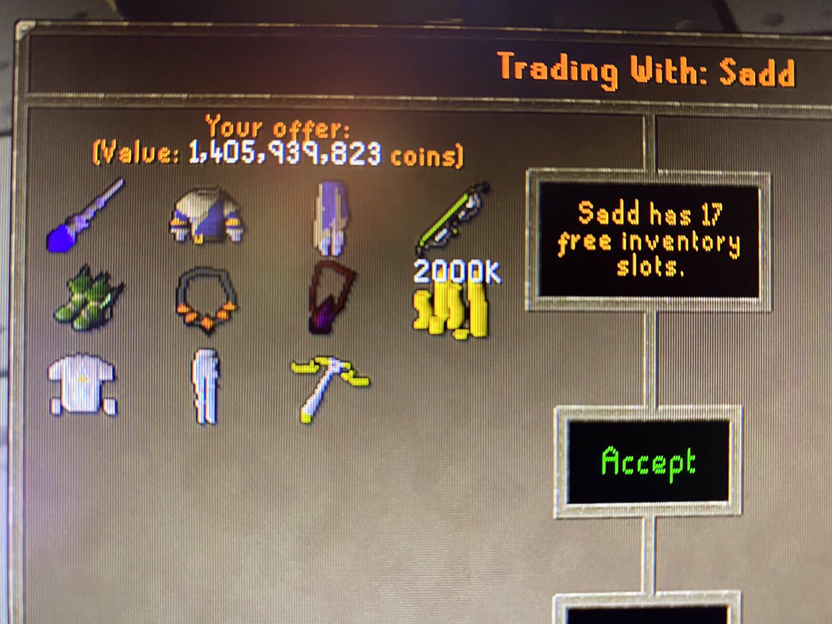BenLikesCookie's tweet photo. Hello Osrs Twitter I need your help. My friend recently loaned gear to a “trusted friend” and he decided to stake it (lost) and then do the dash. His Rsn’s are: “whats good” and “sadd”. Please report him for scamming and retweet to spread awareness. Thank you. https://t.co/Qqqm4sr9HY