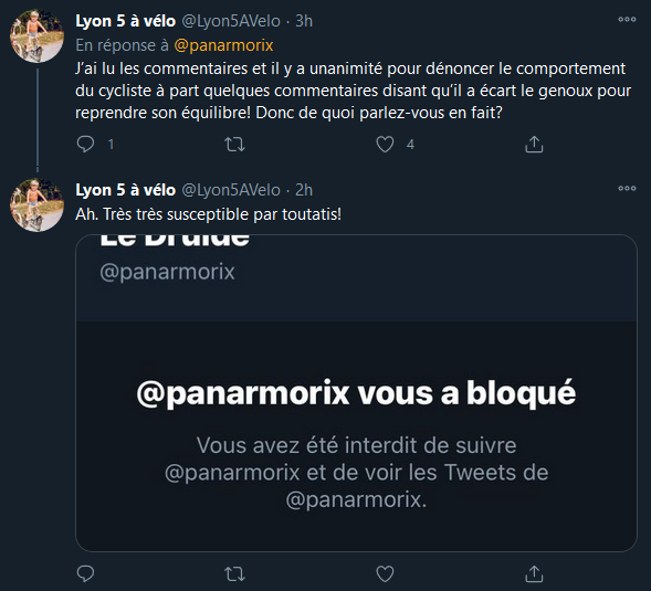 Pareil pour cet autre compte,  @panarmorix, avec une certaine audience, 7700 abonnés, qui imagine des commentaires défendant le cycliste. Et quand certains lui demandent où, hop, bloqué ni vu ni connu !7/11