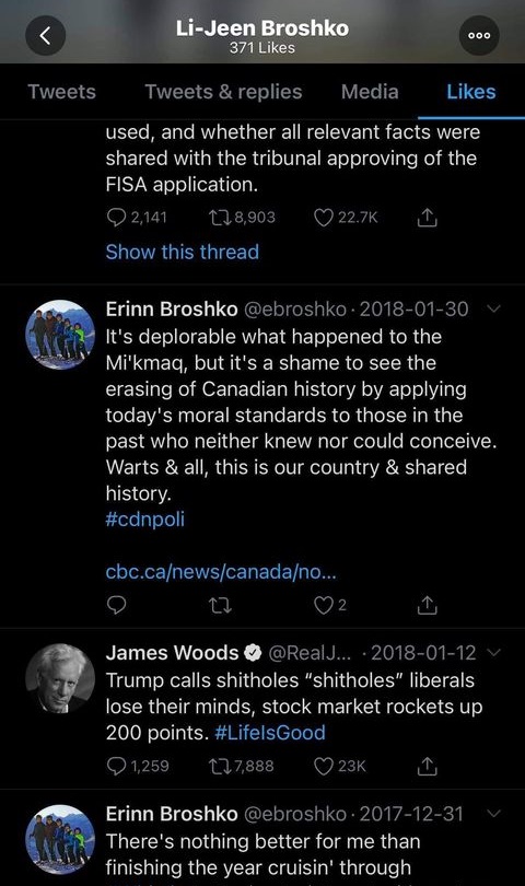 In June, we exposed the social media activity of the chair of UBC's Board of Governors.But  #SFU also has top officials who routinely contradict adminspeak about "equity, diversity, and inclusion."Here's Li-Jeen Broshko, University Secretary & General Counsel of the BoG. 1/6