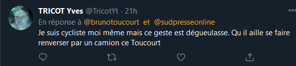 Tous les commentaires sont unanimes et condamnent le geste, allant parfois jusqu'à l'appel au lynchage (dont même parfois des cyclistes, d'après leurs profils).4/11