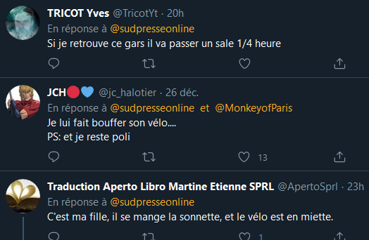 Tous les commentaires sont unanimes et condamnent le geste, allant parfois jusqu'à l'appel au lynchage (dont même parfois des cyclistes, d'après leurs profils).4/11