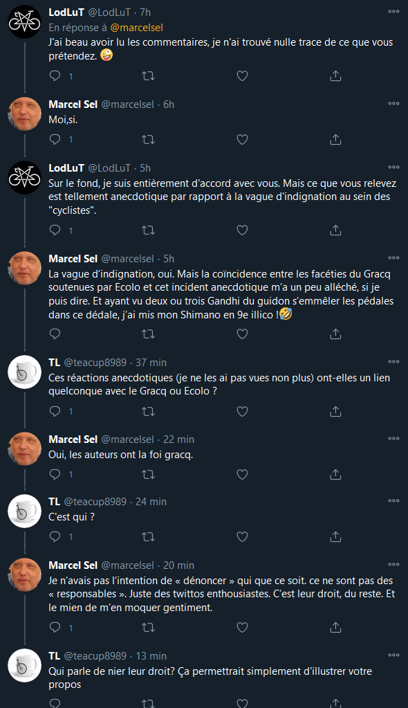 Revenons à  @marcelsel, "romancier" qui affirme que les cyclistes le défendent corps et âmes. Dont acte. Mais quand qqun lui demande les com' en question, d'un coup il se sent de les défendre !Ou alors il romance les commentaires qu'il imagine ?  https://twitter.com/marcelsel/status/13431540721955758086/11