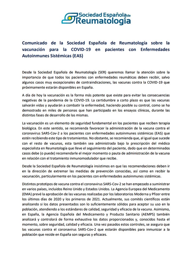 A día de hoy la vacunación es la forma más potente que existe para evitar las consecuencias negativas de la pandemia de la #COVIDー19. Estas son nuestras recomendaciones para pacientes con enfermedades reumáticas