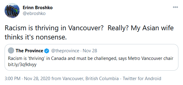 Li-Jeen Broshko liked a tweet by Ben Shapiro's Daily Caller mocking liberals, urging them to "cry more."In addition, she often likes tweets by her husband Erinn, who posts things like this denying racism in Vancouver. 3/6