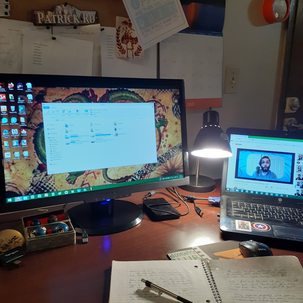 PJMurphIII's tweet photo. My new writing area with the monitor my parents got me for Christmas.
#writerscommunity #writingcommunity #LGBTQWriters #lgbtqwriter #writer #writingdaily #writingdesk #writingarea #homewriting #writinggoals #workarea #continuetowrite #desk #computermonitor #dualcomputers #2020 https://t.co/s1yy1u86Nw