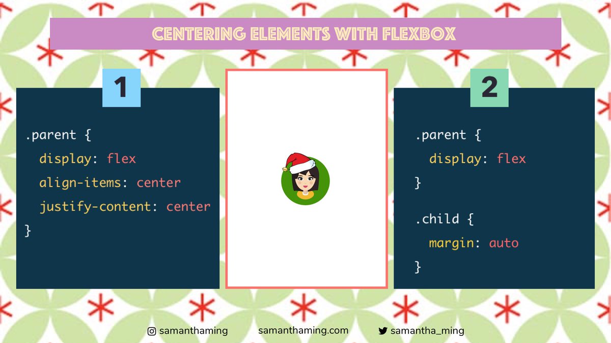 samantha_ming's tweet image. #CodeTidbits30 Day 27 🎄
With Flexbox, it's super easy to horizontally and vertically centre an element!
#Codenewbie #100DaysOfCode #301DaysOfCode