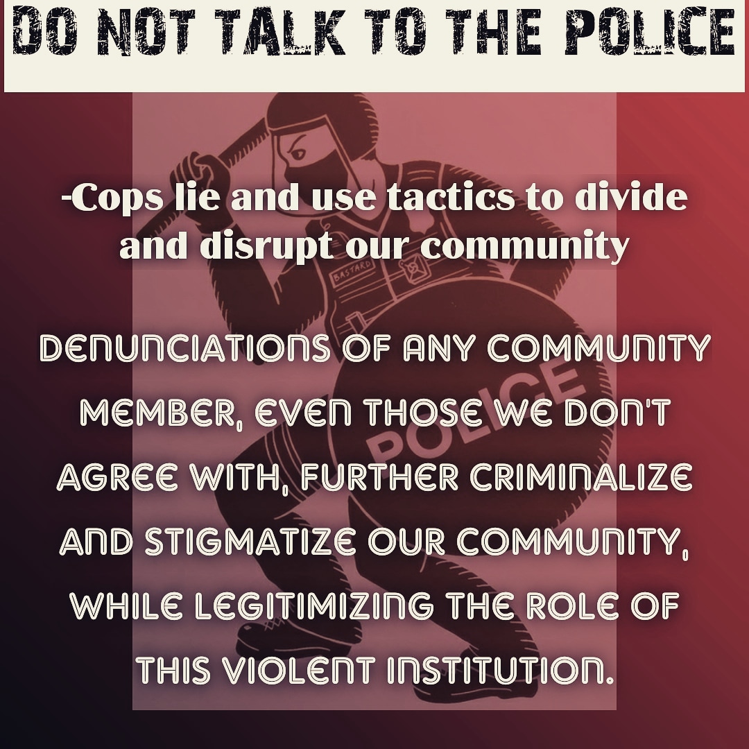 justmediautah's tweet photo. To build strong relationships and organize resistance, DO NOT TALK TO COPS.

#CommunityProtectsCommunity 
#ACAB 
#FTP https://t.co/zeFqhzCbjg