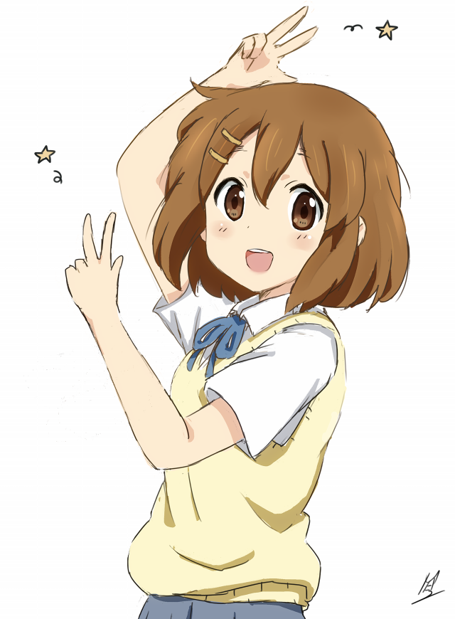 hirasawa yui 1girl sakuragaoka high school uniform school uniform brown hair solo brown eyes v  illustration images