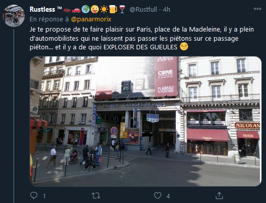 Pour en revenir à la vidéo : l'acte du cycliste est très décrié, à raison.Mais on aimerait bien voir autant de dénonciation et d'offusquement quand il s'agit de l'automobile envers les piétons et cyclistes. Elle dispose d'une aura bienveillante qui dépasse l'entendement !10/11