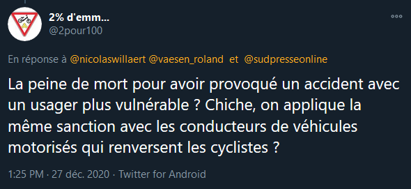 Pour en revenir à la vidéo : l'acte du cycliste est très décrié, à raison.Mais on aimerait bien voir autant de dénonciation et d'offusquement quand il s'agit de l'automobile envers les piétons et cyclistes. Elle dispose d'une aura bienveillante qui dépasse l'entendement !10/11