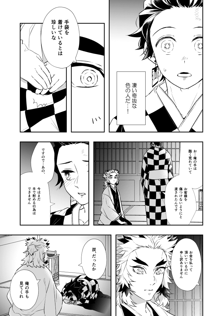煉炭
家族全員殺されてなんやかんやあって借金押し付けられた炭治郎が陰間になって煉獄さんに水揚げにされる展開。
見受けされるまで元気があったら描くと思う。
えちちなのはポイピクの方にアップします。
300億回以上妄想されてると思うけど、背徳感ある煉炭大好き。 