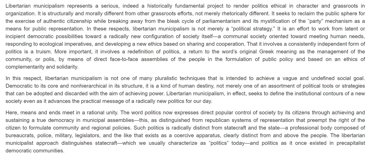 To counter these, social ecology seeks to develop a new ecological politics based on reclaiming the city's democratic history, developing and employing liberatory and ecological technology, and developing a municipalized and democratic economy based on economic interdependence.