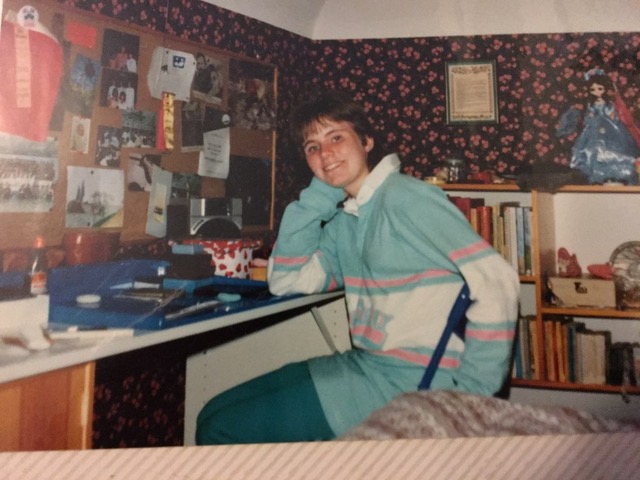 Here is Alison, apparently in the years soon after she wrote in the notebooks. That wallpaper stayed on for years after A. moved out, in what became my sister's room.