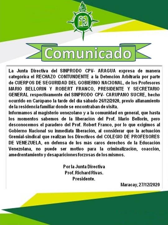 yaritzavina's tweet photo. La Junta Directiva del SINPRODO CPV Aragua expresa su rechazo a la detención de los Prof. Mario Bellorín y ROBERT FRANCO, este último desaparecido en manos de cuerpos de seguridad del estado y exige q  #LiberenAlProfRobert No más persecución contra la dirigencia sindical https://t.co/H8SyXbtqOJ