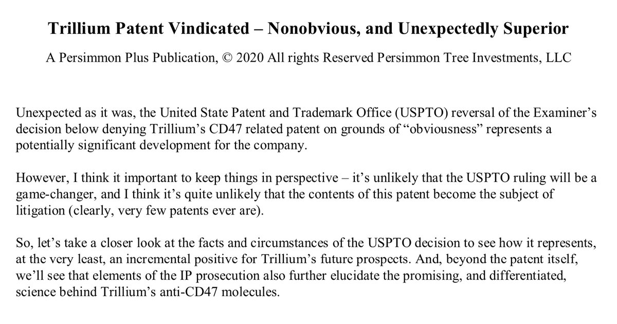  $TRIL  $ALXO -- Trillium Patent Vindicated; Nonobvious, and Unexpectedly Superior -- A PTI Thread -- 2 of 14Let's keep things in perspective -- no one's going to court just yet (or ever) --But an incremental positive for  $TRIL's differentiated science:     .  .  .