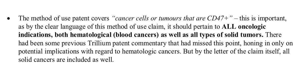  $TRIL  $ALXO -- Trillium Patent Vindicated; Nonobvious, and Unexpectedly Superior -- A PTI Thread -- 4 of 14Take note that, as  $TRIL points out, the method of use covers both heme malignancies and solid tumors:       . . .