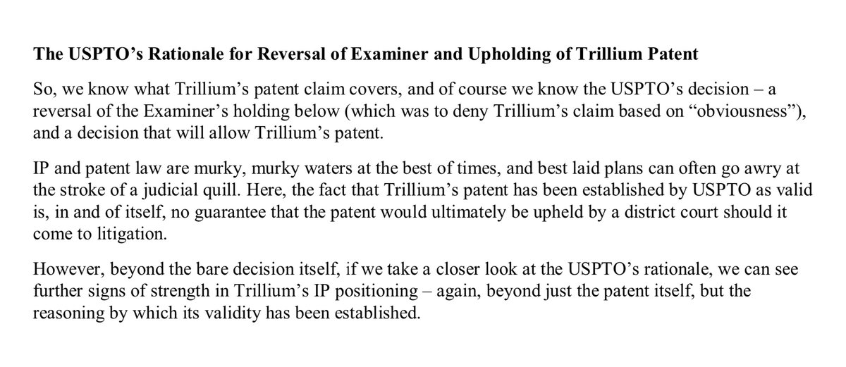  $TRIL  $ALXO -- Trillium Patent Vindicated; Nonobvious, and Unexpectedly Superior -- A PTI Thread -- 8 of 14IP law is murky at best of times, but still, USPTO's reversal, in favor of  $TRIL is promising in particular because of its rationale for reversal (more, later):.