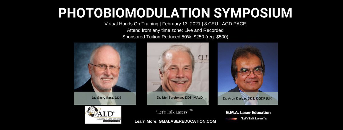 Join 
<a href="/GMALaserEdu/">GMA Laser Education</a> for the world's first Virtual Hands On Photobiomodulation Symposium February 13, 2021. Secure a 50% Tuition Reduction &amp; save your seat here: gmalasereducation.com/training
#dentist #dentistry #dental #laserdentistry #virtual
#gmalasereducation #dentalcewebinars