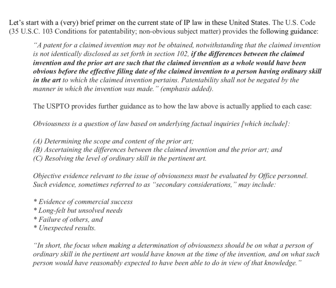  $TRIL  $ALXO -- Trillium Patent Vindicated; Nonobvious, and Unexpectedly Superior -- A PTI Thread -- 8 of 14IP law is murky at best of times, but still, USPTO's reversal, in favor of  $TRIL is promising in particular because of its rationale for reversal (more, later):.