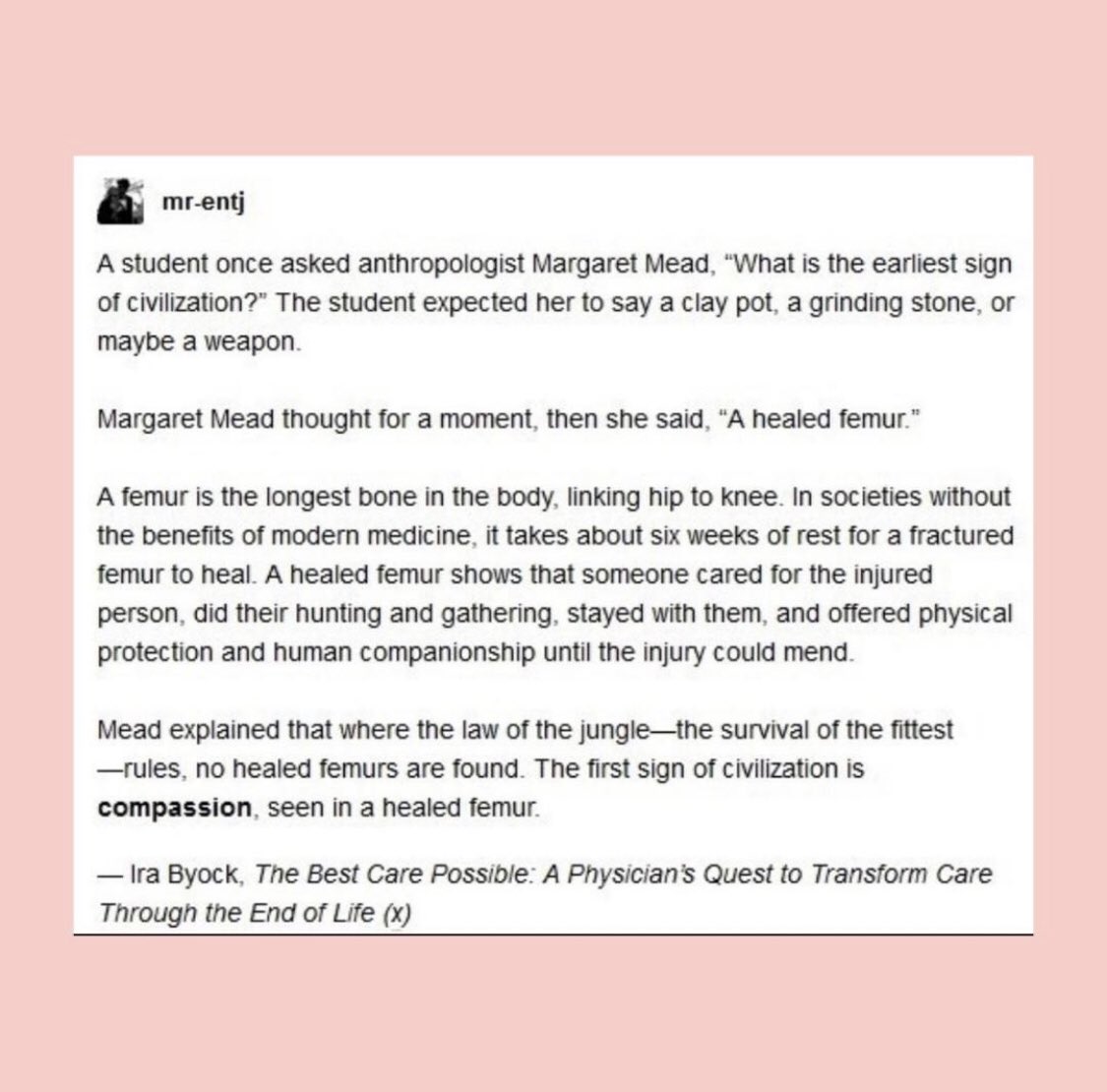 “The first sign of civilization is compassion, seen in a healed femur.”