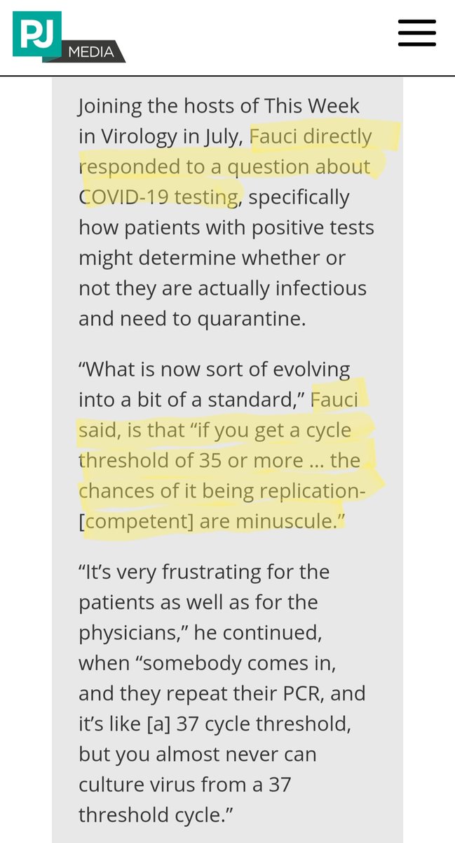 TRUST THE EXPERTS1) Dr. Anthony Fauci re: PCR tests: "If you get a cycle threshold of 35 or more, the chances of it being replication competent are miniscule."