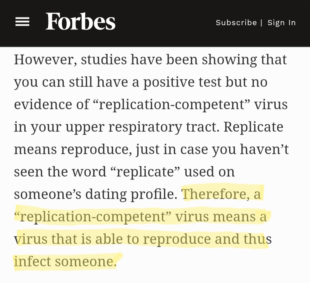 2) Forbes: "...a "replication competent" virus means a virus that is able to reproduce and thus infect someone."