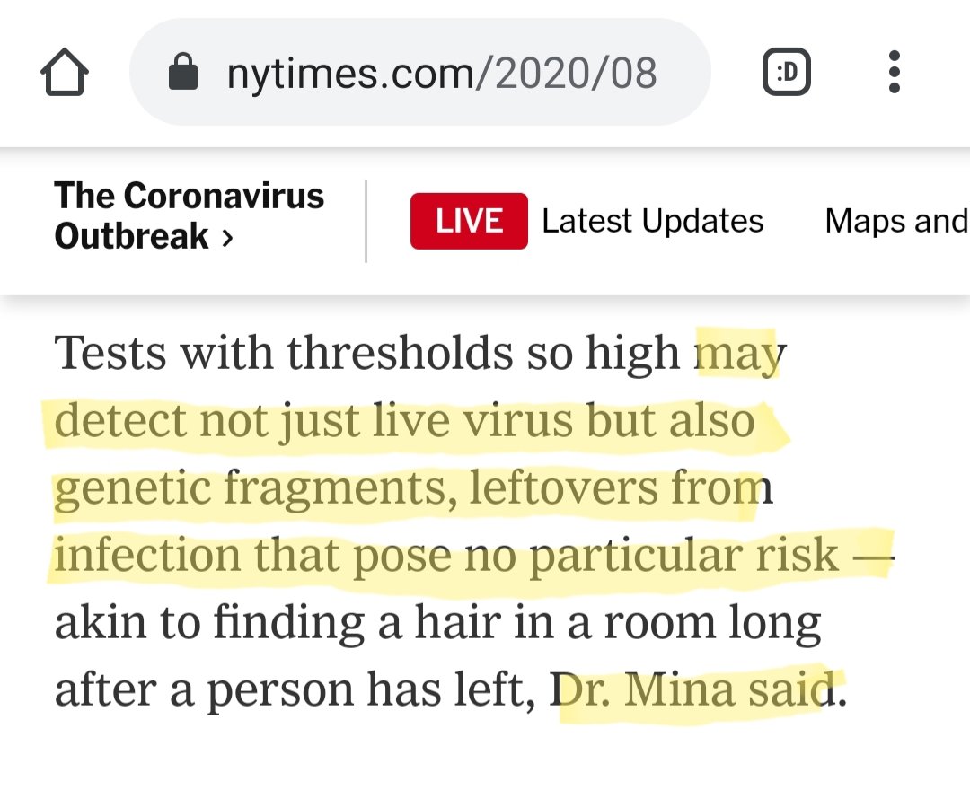 5) Why is this important? According to the New York Times:"Tests with thresholds so high may detect not just live virus but also genetic fragments, leftovers from infection that pose no particular risk." [sic]