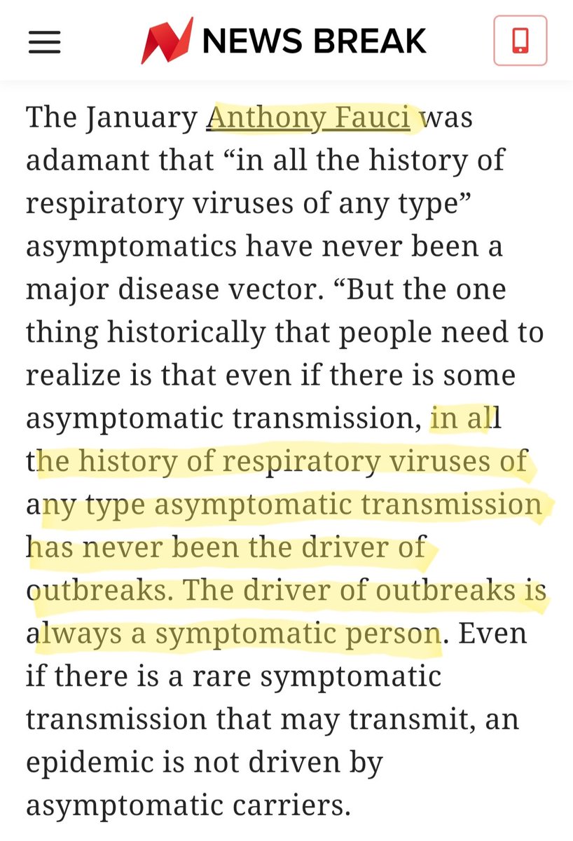 7) Furthermore, Dr. Fauci made it very clear that "...asymptomatic transmission has never been the driver of outbreaks. The driver of outbreaks is always a symptomatic person."