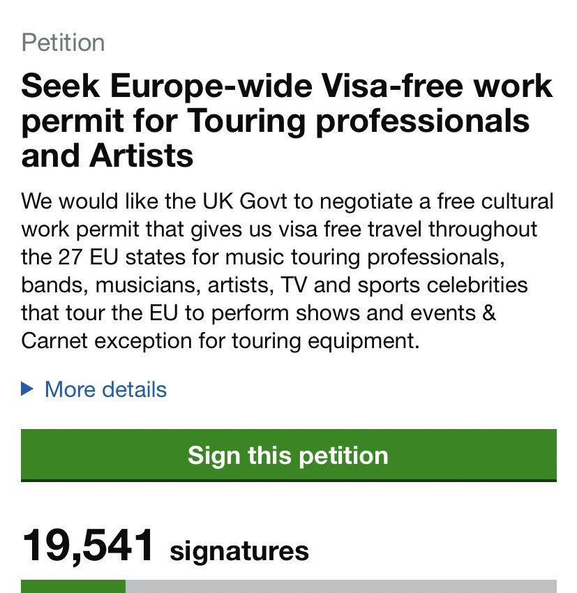 🗣 Some of us have been fighting for this since the vote. 

❌ The deal makes no provisions for the UK being a service driven economy and it makes zero anything for touring musicians!

👇Please take a moment to sign this 

petition.parliament.uk/petitions/5632…