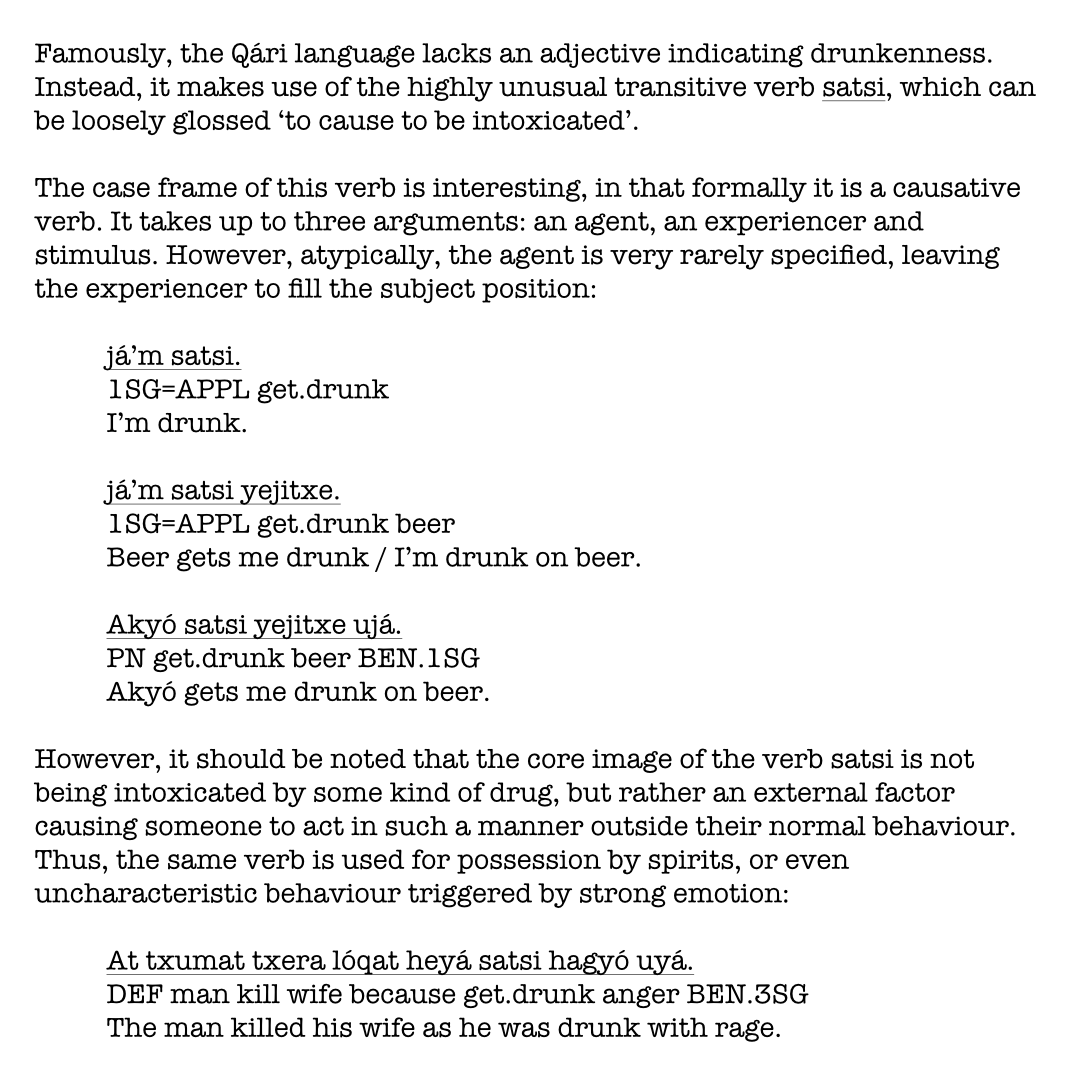 txakori's tweet photo. As #Lexember2020 has gone on, I am conscious that many have realised that I am, at best, an utter pisshead. Therefore, for today's #lexember entry it's appropriate to discuss how intoxication works in my #conlang Qári.

Thus, from Jones' 𝘘𝘢́𝘳𝘪 𝘷𝘦𝘳𝘣𝘢𝘭 𝘴𝘦𝘮𝘢𝘯𝘵𝘪𝘤𝘴: https://t.co/Xyk5EOErFP