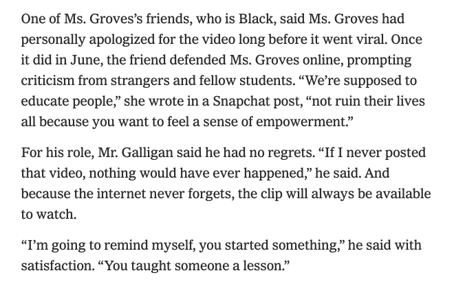 The supposed good guy, Jimmy Galligan, purposefully sits on this 3 second video until he can inflict the most pain; she meanwhile had already apologized before he released it and it’d gone viral. She was even a  #BlackLivesMatter   supporter!