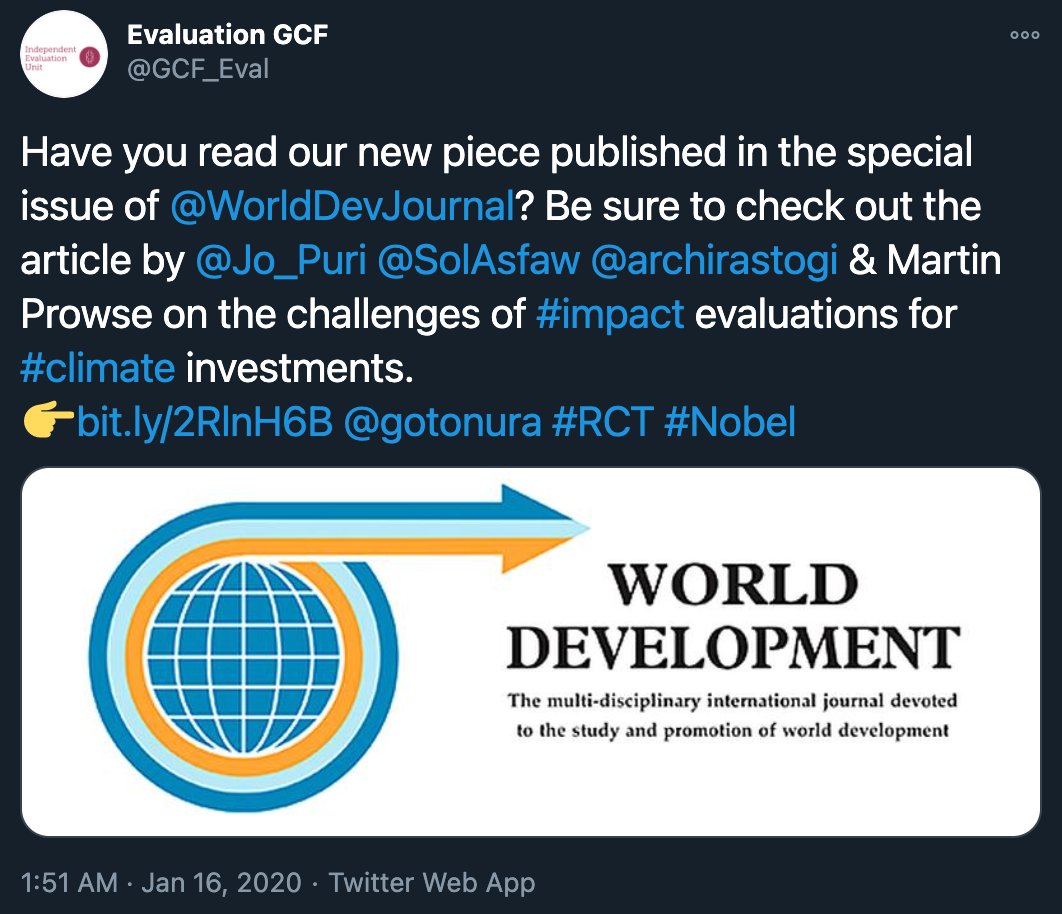GCF_Eval's tweet photo. Our most popular tweet 🎉 of #2020 occurred in January. It announced the publication of an article on the challenges of #impact evaluations for #climate investments. You can read the full article here: https://t.co/nfJXhtfTaE #YearInReview https://t.co/2Itb931EjD