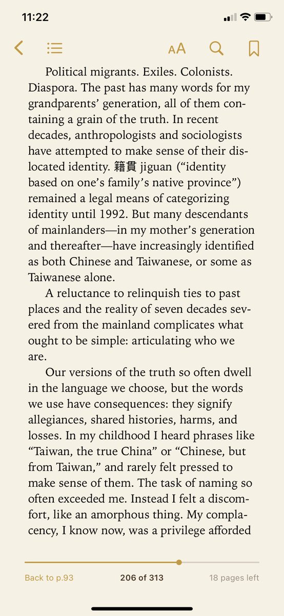 Sometimes in memoirs by "double migrants" (China --> Taiwan --> the West) the role that Taiwan was forced to play as a shelter drops out of the narrative.  @jessicajlee's willingness to discuss her family's background as privileged outsiders who assimilated over time stands out 3/