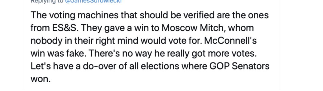 Absolutely nothing wrong with questioning, "How could that have happened?"  https://twitter.com/joyceturiskylie/status/1343401335434207233There's a difference between asking questions and saying, "McConnell won because of fraud."