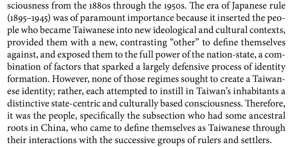 Taiwanese identity is often described as a new phenomenon that resists analysis. Evan Dawley's "Becoming Taiwanese" traces the roots of Taiwaneseness back to Japanese rule in the early 20th c., as a colonized people built their own civic institutions & agitated for self-rule 5/