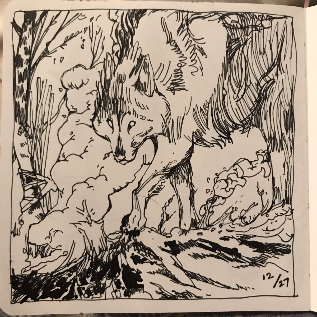 Belacqua_Fish's tweet photo. 12/27, Sketched ✔️ Wildfire and all the other things that can’t live in the snow. #sketchbook #fenrir https://t.co/oW9PslWUDp