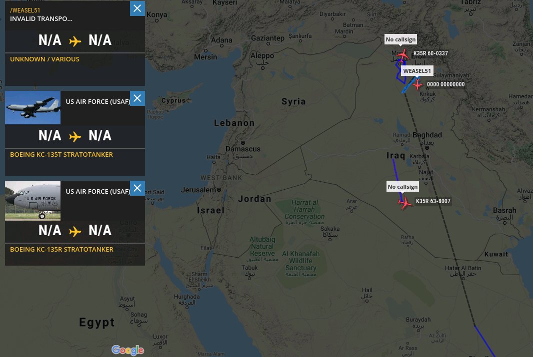 no_itsmyturn's tweet photo. 2344Z
Pinging over #Iraq 🇮🇶 (ATM on FR24 and RB):
#USAF 🇺🇸
Tankers:  
KC-135R | 63-8007 | #AE0489
KC-135R | 60-0337 | #AE0482
Warplanes:
F-16 Fighting Falcon | #WEASEL51 

https://t.co/9rCtiW6CB5 https://t.co/AxvGPQBTGw