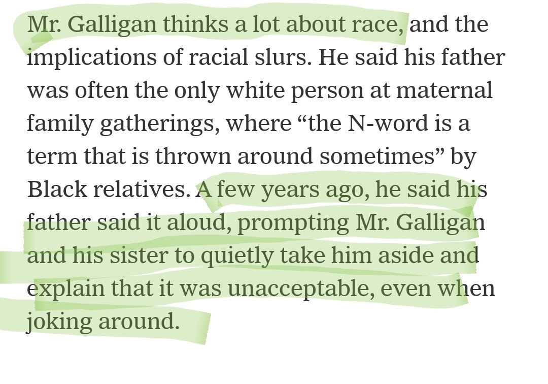 6/Jimmy Galligan admits in the article his own Father used the n-word. His dad, who is *A WHITE SKINNED FORMER LAW ENFORCEMENT OFFICER* used the N-word. So Jimmy Galligan pulled his Dad, an adult, aside to qjietly explain why that isn't ok. He did not ruin his Dad's life...