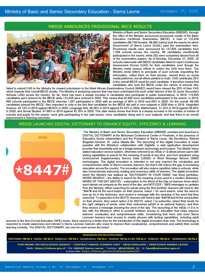 MBSSE Education Weekly for the Week of December 21=27, 2020 featuring MBSSE's launching of the Digital Dictionary, Announcement of BECE results, Training of Adult Literacy Facilitators, and more....