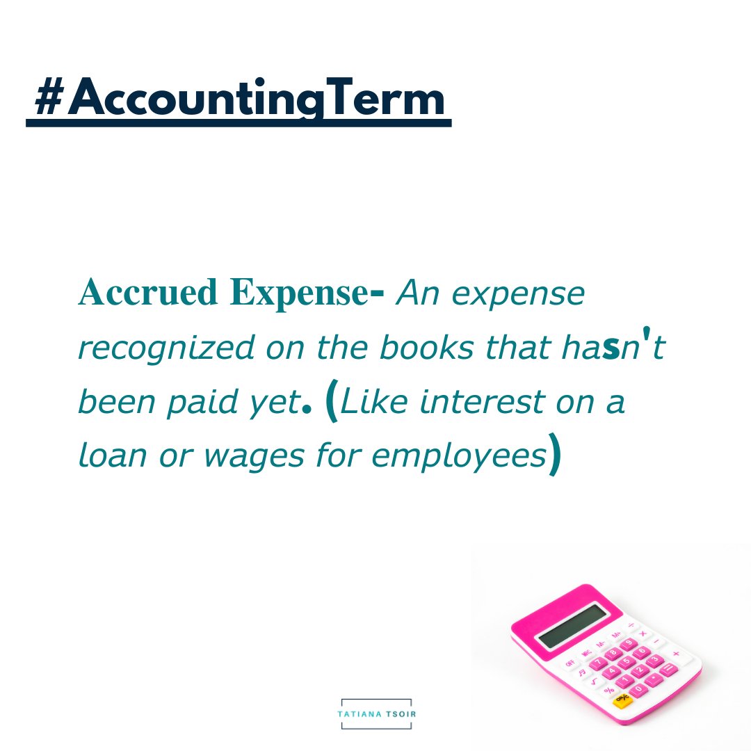 TatianaAcct's tweet image. #AccountingTerms

𝐀𝐜𝐜𝐫𝐮𝐞𝐝 𝐄𝐱𝐩𝐞𝐧𝐬𝐞- 𝘈𝘯 𝘦𝘹𝘱𝘦𝘯𝘴𝘦 𝘳𝘦𝘤𝘰𝘨𝘯𝘪𝘻𝘦𝘥 𝘰𝘯 𝘵𝘩𝘦 𝘣𝘰𝘰𝘬𝘴 𝘵𝘩𝘢𝘵 𝘩𝘢s𝘯&apos;𝘵 𝘣𝘦𝘦𝘯 𝘱𝘢𝘪𝘥 𝘺𝘦𝘵. (𝘓𝘪𝘬𝘦 𝘪𝘯𝘵𝘦𝘳𝘦𝘴𝘵 𝘰𝘯 𝘢 𝘭𝘰𝘢𝘯 𝘰𝘳 𝘸𝘢𝘨𝘦𝘴 𝘧𝘰𝘳 𝘦𝘮𝘱𝘭𝘰𝘺𝘦𝘦𝘴)

#dreamboldstartsmart