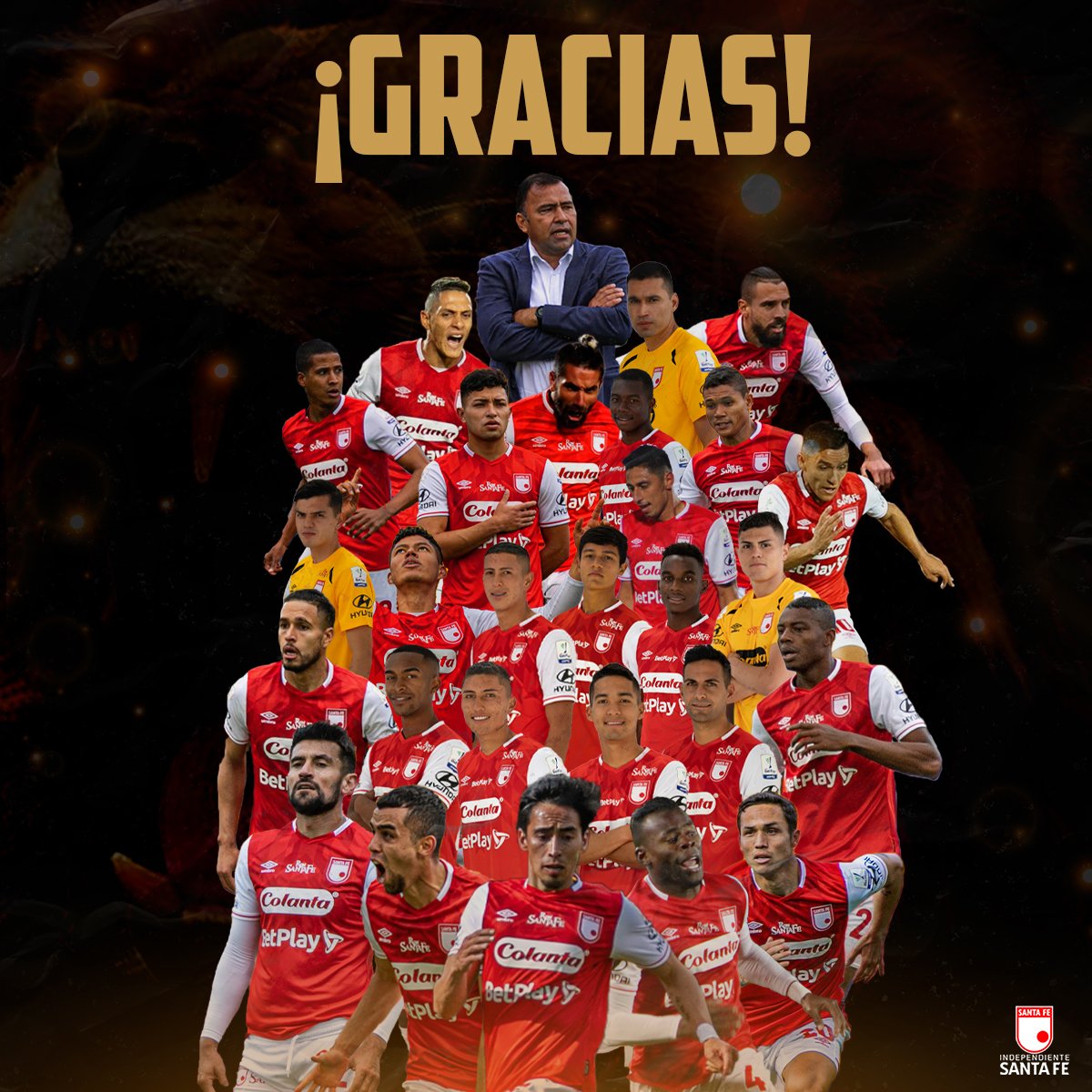 SantaFe's tweet photo. Por cada gota de sudor, cada rugido y cada gol que nos hizo soñar.

Gracias por hacernos este año tan dificil más ameno, gracias por hacernos dignos de este escudo y estos colores.

¡Simplemente gracias Independiente Santa Fe 🇮🇩! https://t.co/i9V3TqZ2eV