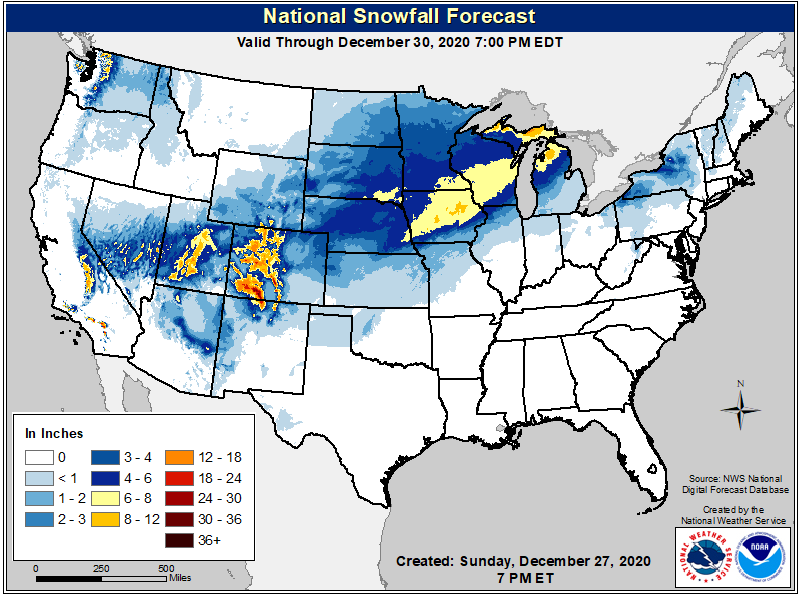 NWS's tweet photo. A system in the Southwest will bring heavy snow from the Southern California mountains, including several inches into The Grapevine pass, to the Rockies. On Tue, heavy snow and a swath of Freezing rain will spread into the Plains and Great Lakes. https://t.co/T0g5EPvmQp