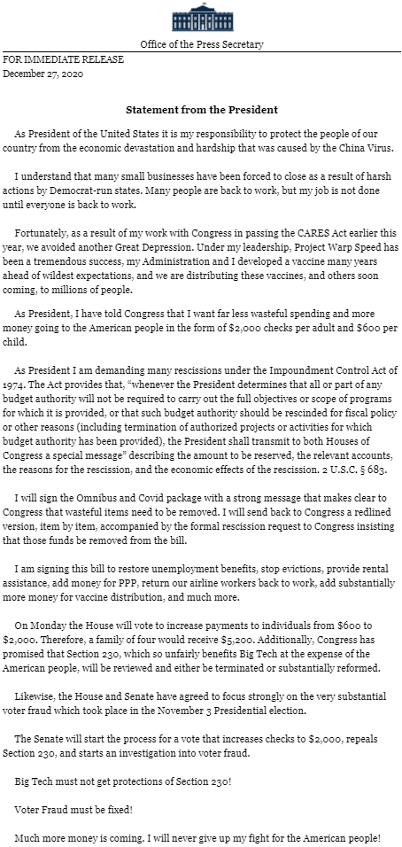 Long Trump statement ("demanding many rescissions"; "Congress has promised"; "I will never give up my fight") amounts to total and complete surrender.