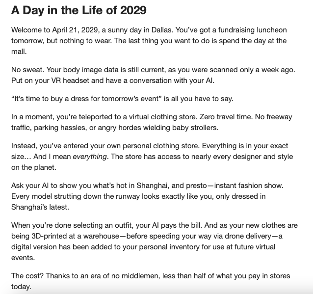 DanielBayram's tweet photo. Según @PeterDiamandis, así compraremos ropa en el 2029 para ir a nuestros eventos (no videoconferencias) virtuales. Suena eficiente y futurista, pero también como experiencias muy individuales y solitarias. https://t.co/KrJeCYPdEL