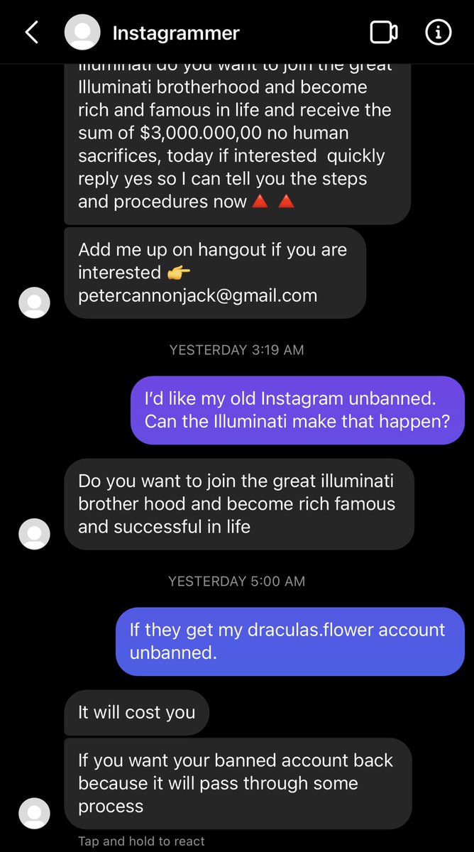 FlowerDraculas's tweet photo. But how much would it cost? @instagram could you work out a deal with @TheIlluminati so I could get my account unbanned? #newyearsmiracle 🙏🏻 https://t.co/09ifMisTJ8
