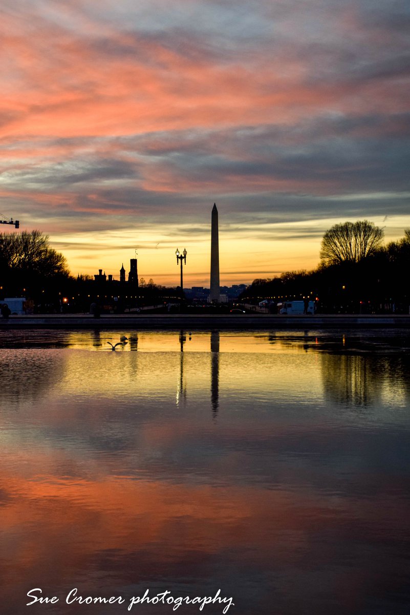 SueCromer's tweet photo. I went to photograph the Capitol Christmas tree and was treated to an incredible sunset in DC. This is the #CapitolReflectingPool looking West toward the #WashingtonMonument The monument looks a bit small in the distance. @capitalweather @amelia_draper @nbcwashington https://t.co/qzIkVbVJto