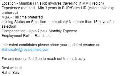 We are looking for Regional HR in Royal Enfield. #HR #RoyalEnfield  #Mumbai #automobilejob #automobileexp #experience #job #jobs #JobsReset  #JobSeekersWednesday  #jobfairy #joobopening #jobvacancy #mumbaijob