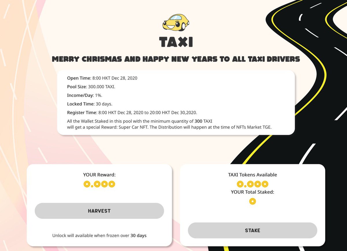 Go get some Super Car NFTs and profit guys

taxi.finance/#/stake

$TAXI #BSC #BinanceSmartChain