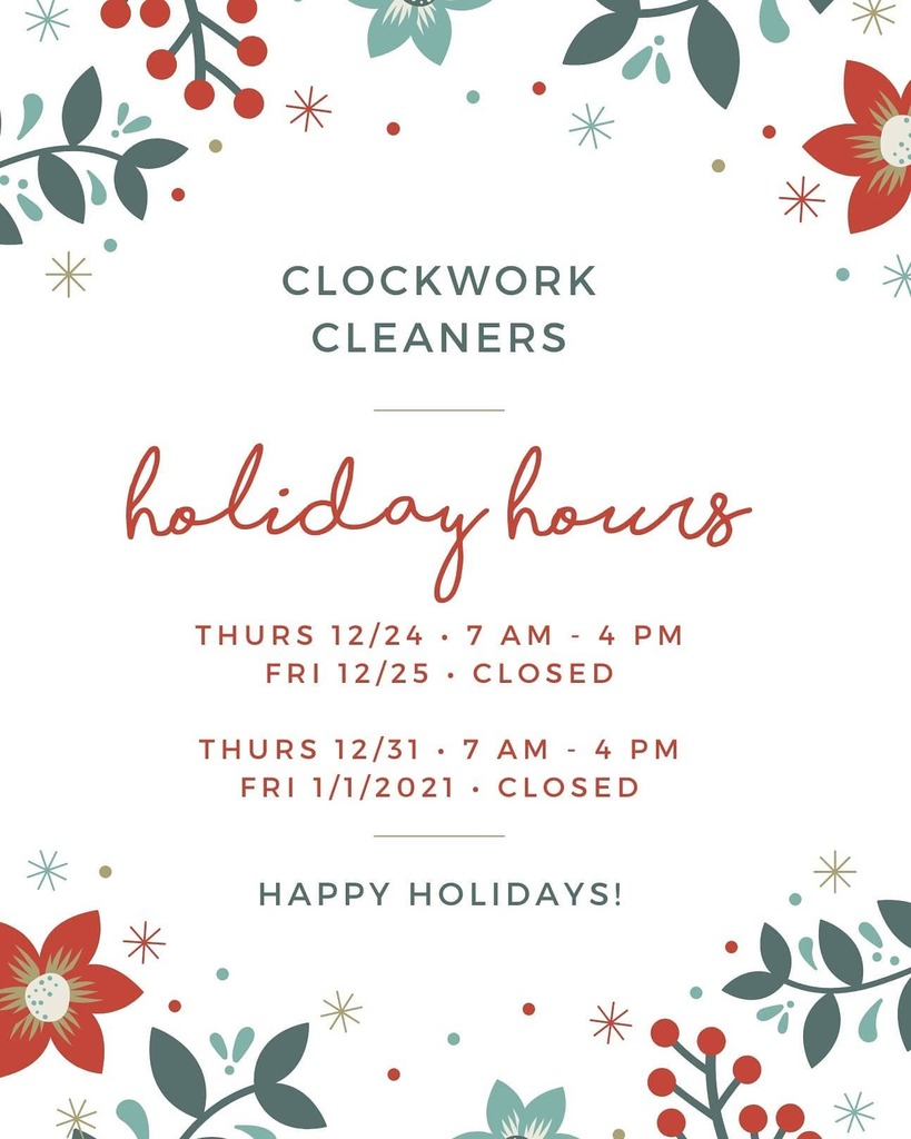 Please take a look at our updated holiday hours. We will be closed on New Years Day. 🎉
.
.
.
#ClockworkCleaners #drycleaners #cleanclothes #laundry #Orange #OrangeCounty #laundryday #DryCleaning instagr.am/p/CJUrq6ZMtiZ/